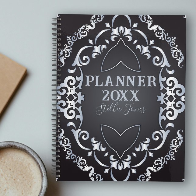 Agenda Rico Elegante Barroco de Luxo Chic Black and Silve (Criador carregado)