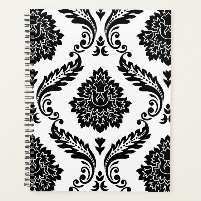 Agenda Rococo Damask Padrão Grande Preto no Branco (Frente)