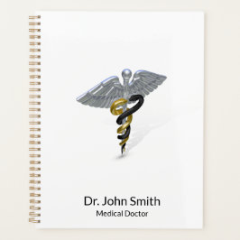 Agenda Rod Médico de Prata Caduceus Preto Dourado