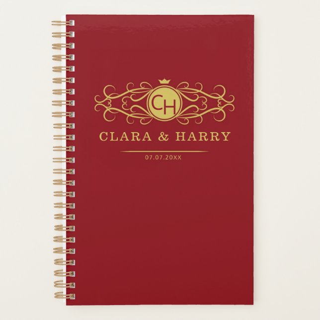 Agenda Romantic red gold elegant monogramme wedding  (Frente)