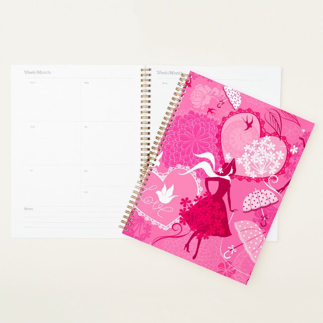 Agenda Romântica Amor Silhouette Padrão Corações Rosa (Criador carregado)
