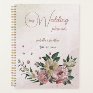 Agenda romântico rosa e flores de champanhe casamento