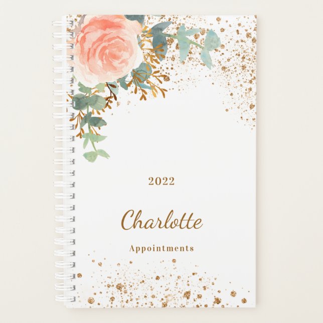 Agenda Rosa de ouro, glitter floral eucalipto monograma 2 (Frente)