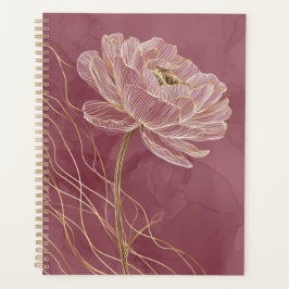Agenda Rosa Desbotado Arte Linear Floral Elegante Dourado