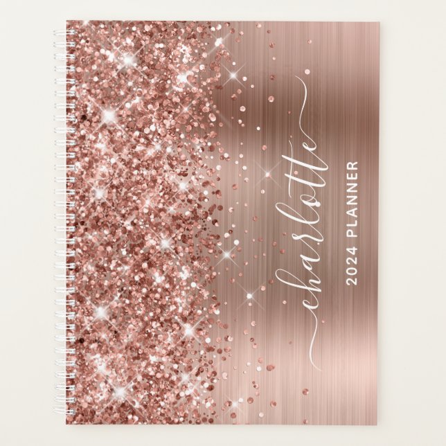 Agenda Rosa Dourada Glitter e Foil Swash Signature (Frente)