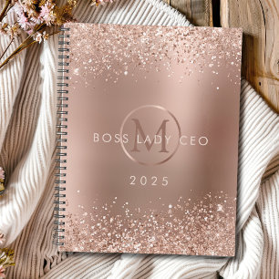 Agenda Rosa Dourada Glitter Monograma Chefe Lady 2025