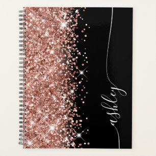Agenda Rosa Dourado Brilhante Glam Preto Script Elegante