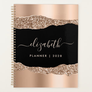 Agenda Rosa Dourado Brilhante Monograma Preto