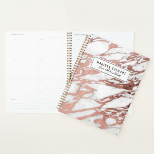 Agenda Rosa Dourado Foil Faux e Padrão de Mármore Branc