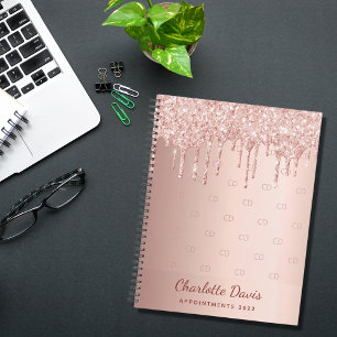 Agenda Rosa dourado glitter drips monograma script 2025