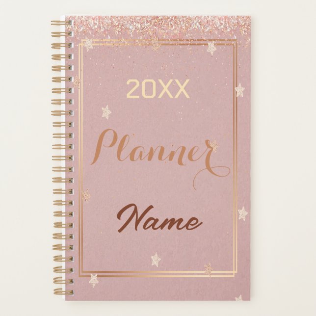 Agenda Rosa dourado glitter monograma nome 20XX planejado (Frente)