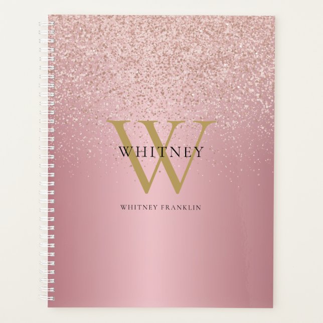 Agenda Rosa Dourado Glitter Monograma Profissional (Frente)