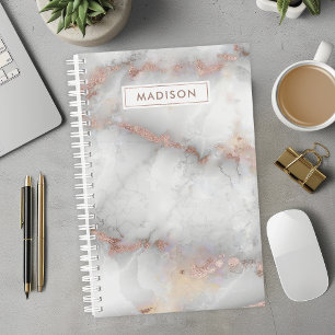 Agenda Rosa Dourado Mármore Cinza Nome Personalizado Pers