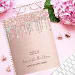Agenda Rosa dourado pinga prata 2023<br><div class="desc">Um elegante rosa, cor-de-rosa e falso brilho prateado, pintura gotejando. Modelo por um ano. Personalize e adicione um nome e um título. O nome é escrito em ouro rosa escuro com um moderno estilo escrito à mão. Perfeito para negócios, escola, diário, trabalho ou organização da sua vida pessoal/familiar.</div>