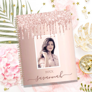 Agenda Rosa dourado rosa gota personalizado foto nome 202