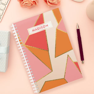 Agenda Rosa Laranja Geométrico Dourado Brilho Personaliza