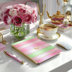 Agenda Rosa Pastel e Listras Verdes Sofisticadas