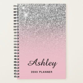Agenda Rosa Pastel Prateado Glitter Ombre Personalizado