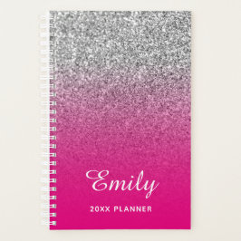Agenda Rosa Quente e Prateado Glitter Ombre Personalizado