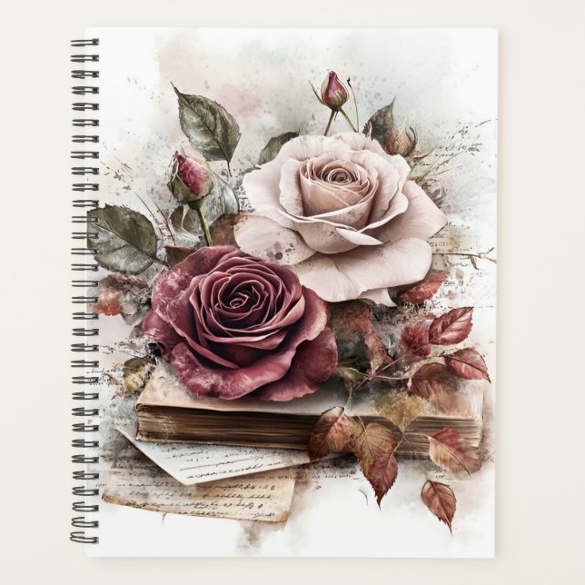 Agenda Rosas brancas e marrom com letras e livros (Frente)
