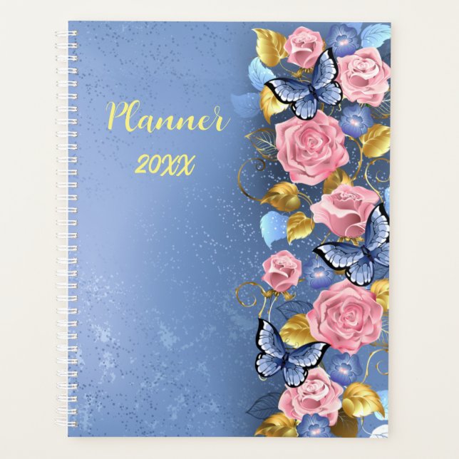 Agenda Rosas cor-de-rosa Borboletas Azuis Planner Persona (Frente)