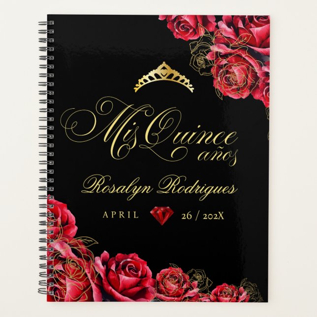 Agenda Rosas de diamante vermelho preto Mis Quince (Frente)