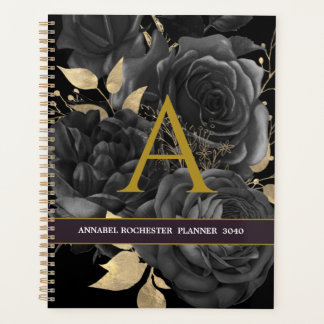 Agenda Rosas Elegantes de Preto e Ouro Monnogramados