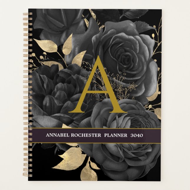 Agenda Rosas Elegantes de Preto e Ouro Monnogramados (Frente)