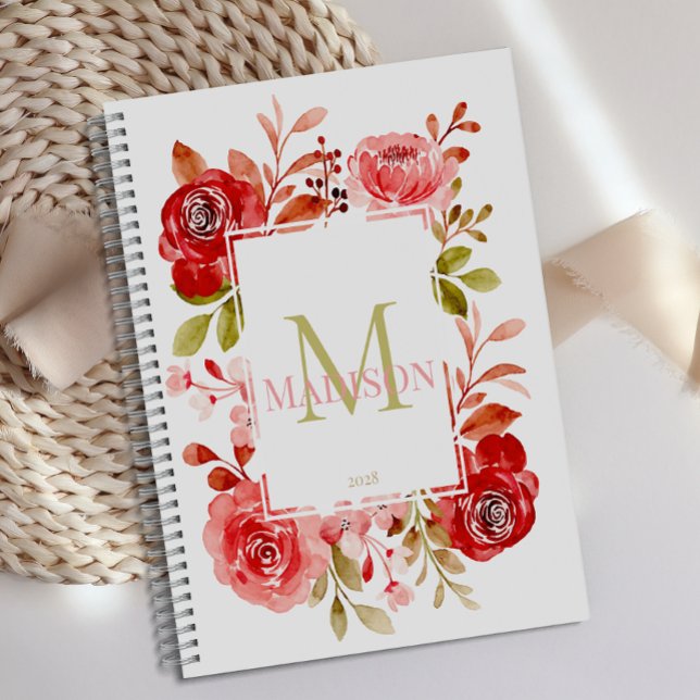 Agenda Rosas Vermelhas Blush Botânico Floral Monograma Pl (Criador carregado)