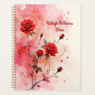 Agenda Rosas Vermelhas com Floreios Dourados Estilo Aquar