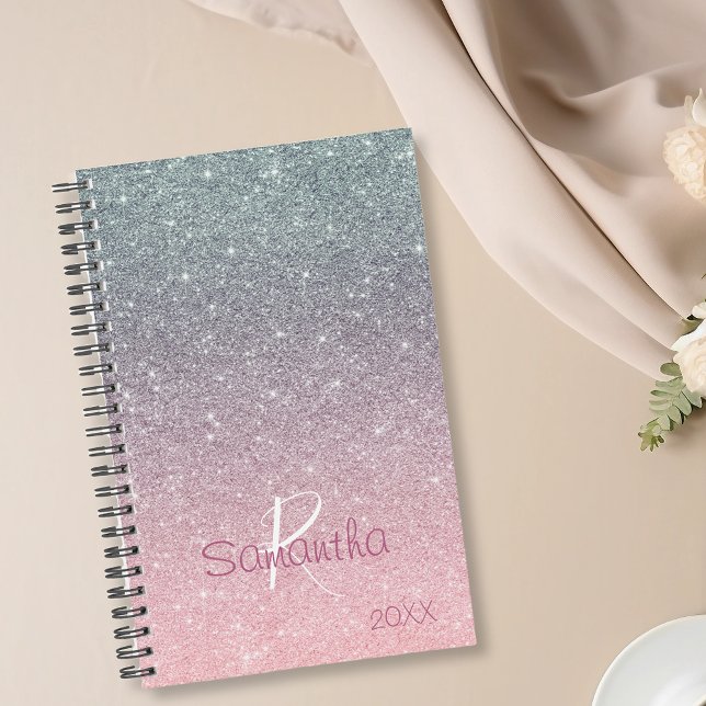 Agenda Rose Gold Prata Brilho Brilhos Monograma Anual (Criador carregado)