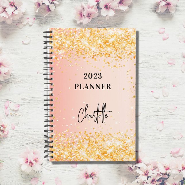 Agenda Roteiro dourado rosa de laranja - glam 2023 (Criador carregado)