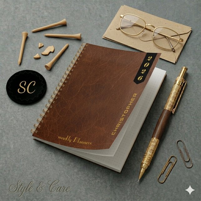 Agenda Roteiro Profissional no Padrão de Couro Marrom (Professional Script on Brown Leather Pattern Planner)
