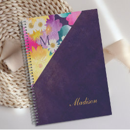 Agenda Roxo Amarelo Floral Monograma Feminino Moderno