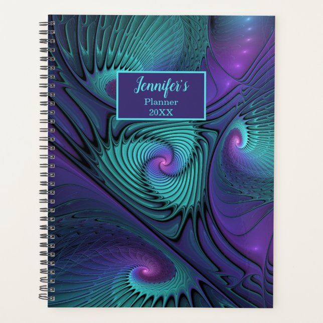 Agenda Roxo e Turquesa, moderno nome Fractal abstrato (Frente)