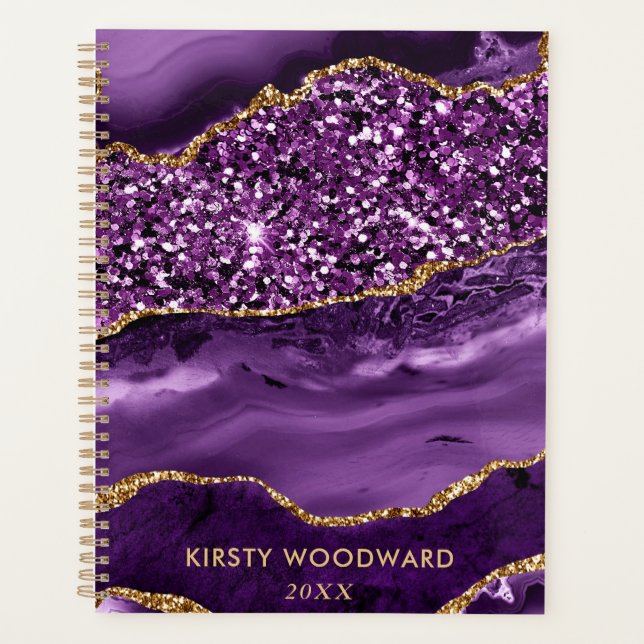 Agenda Roxo Elegante e Agato Dourado do Oceano Glitter (Frente)
