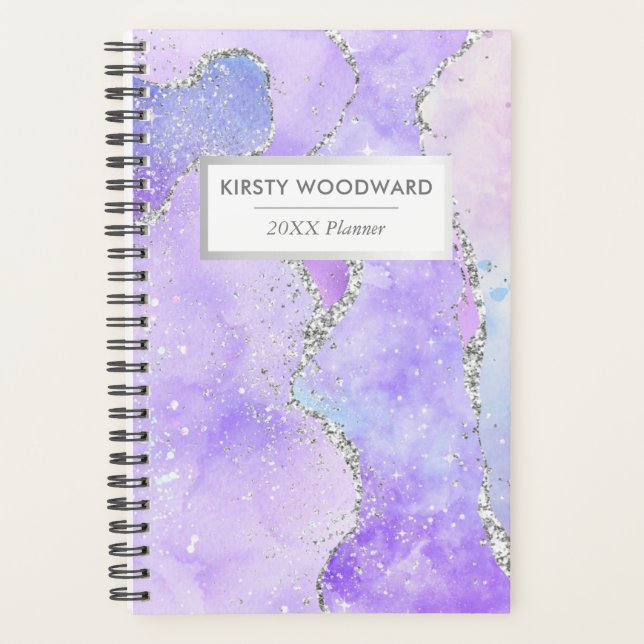 Agenda Roxo Pastel & Branco Ágata Brilho Prata Falso (Frente)
