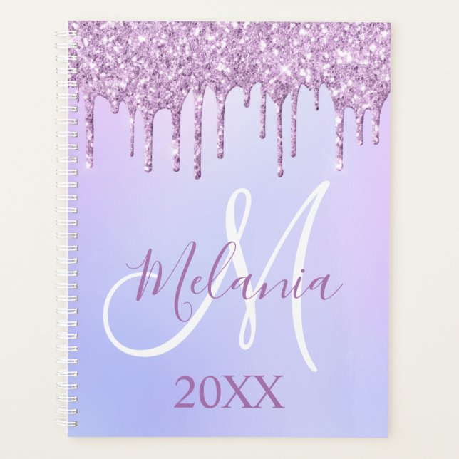Agenda Roxo Violeta Roxo Glitter Monograma Girly 2025 (Frente)