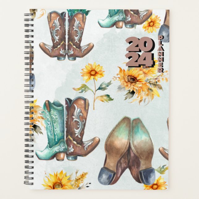 Agenda Russo Cowboy Boots and Sunflower Watercolor (Frente)