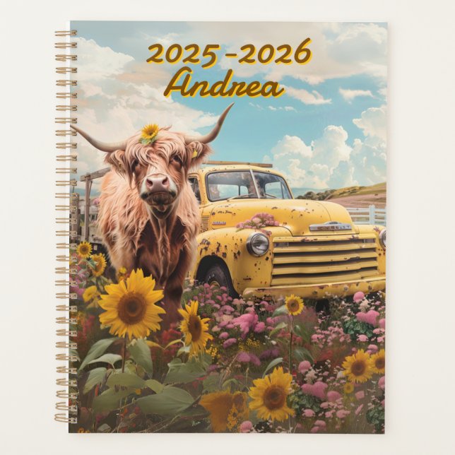 Agenda Rustic Highland Cow Vintage Truck Sunflowers  (Frente)