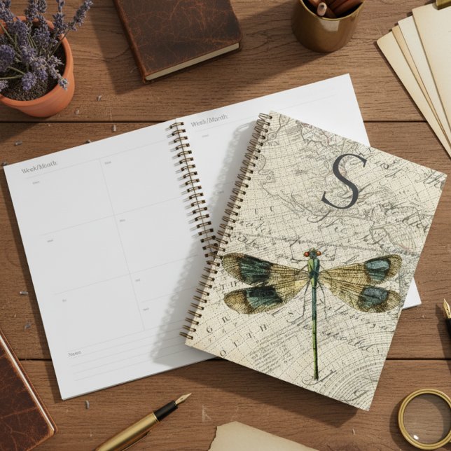 Agenda Rustic Vintage Dragonfly Monograma (Criador carregado)