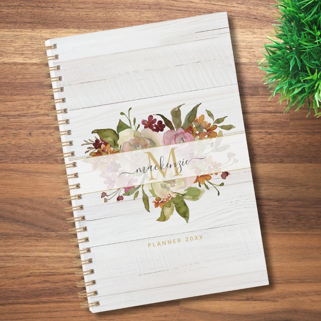 Agenda Rustic Watercolor Rose Bouquet Monogram (Criador carregado)