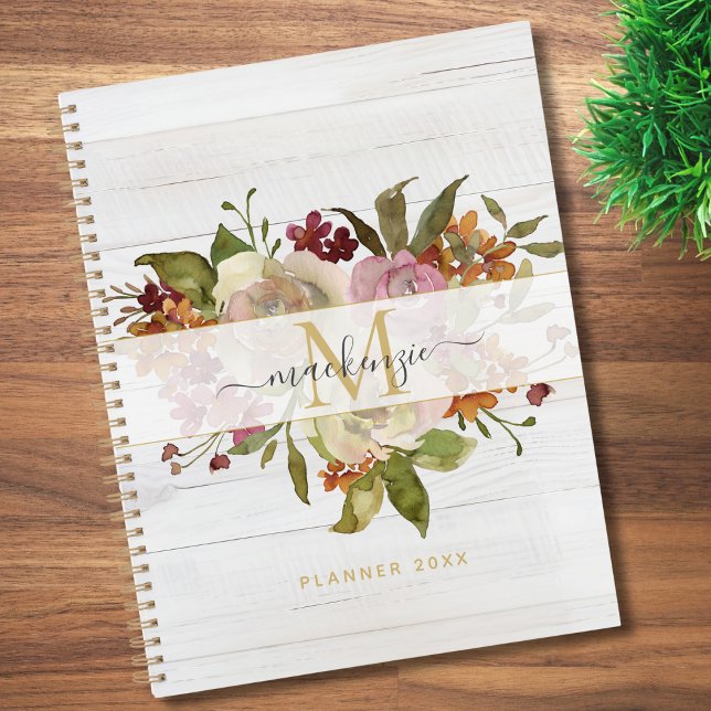 Agenda Rustic Watercolor Rose Bouquet Monogram (Criador carregado)