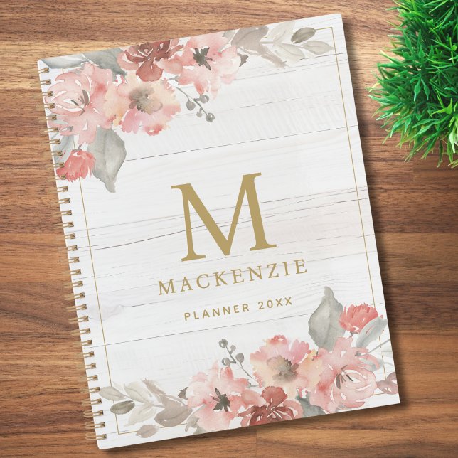 Agenda Rustic Wood Pink Floral Watercolor Monogram (Criador carregado)