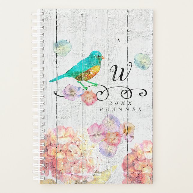 Agenda Rústico Bluebird Rosa Hydrangea Monograma Floral (Frente)