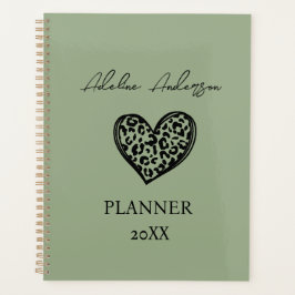 Agenda Sage Green and Black Leopard Pattern Heart