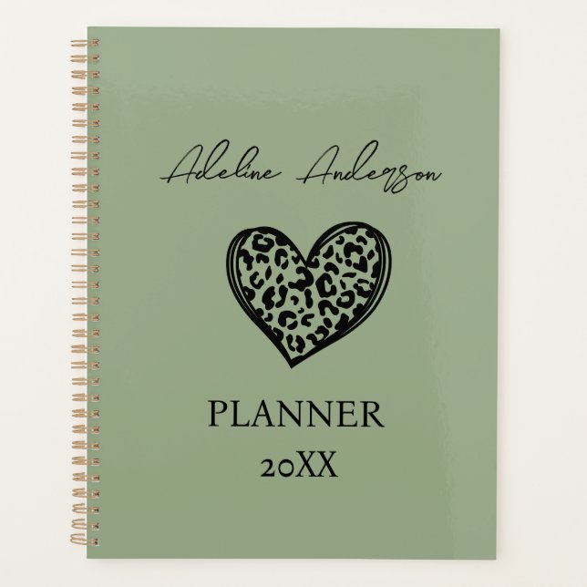 Agenda Sage Green and Black Leopard Pattern Heart (Frente)