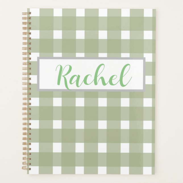 Agenda Sage Green White Gingham Personalizado (Frente)