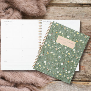 Agenda Sage Verde Amarelo Flores Silvestres Brancas Boho