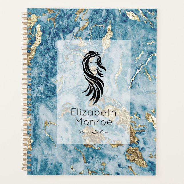 Agenda Salão Dourado de Cabelo Marble Azul (Frente)
